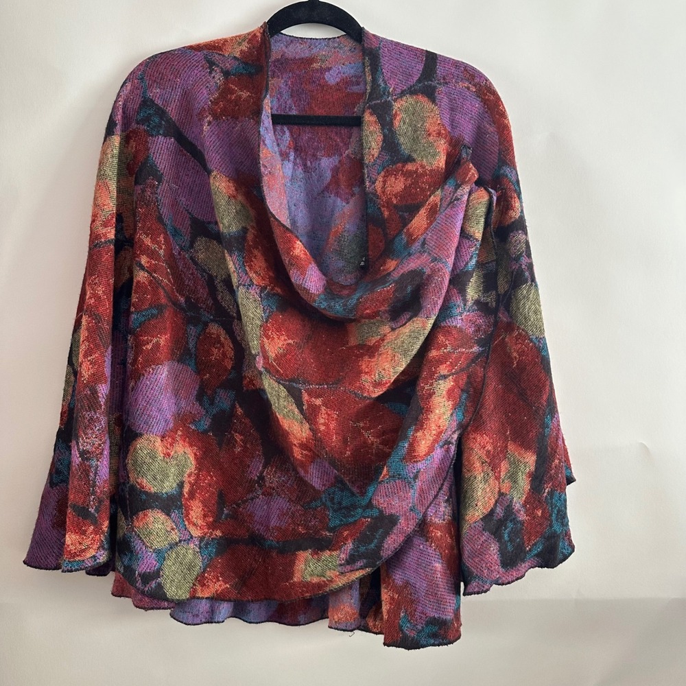 100% Cashmere Abstract Floral Cowl Neck Wrap Top Multi Color Luxury Knit
